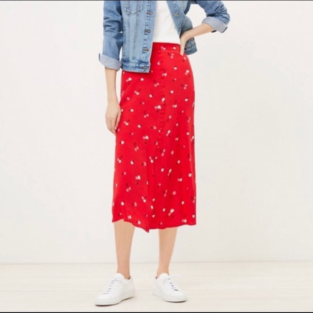 🍒 Loft red cherry print midi skirt 00P 🍒
